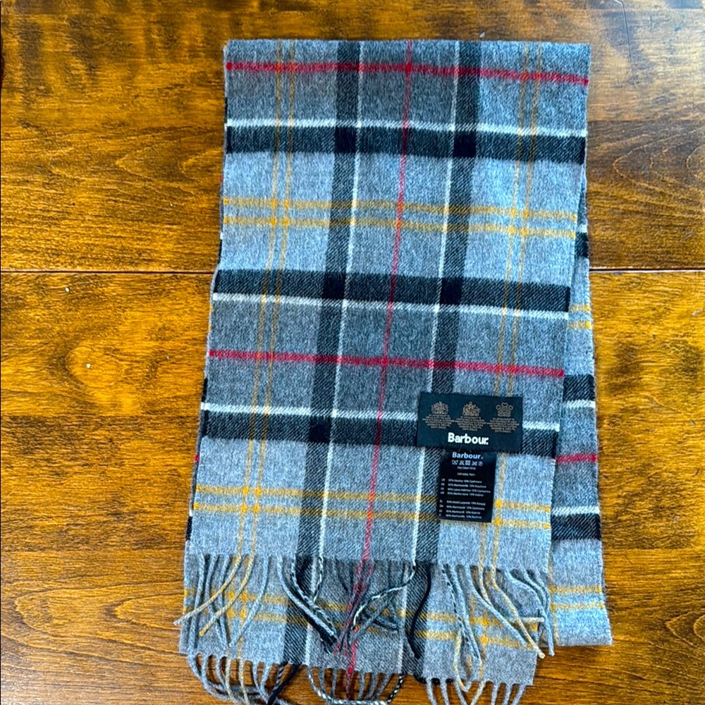 Barbour Grey Plaid Merino Cashmere Blend Scarf